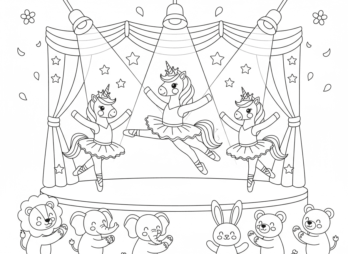 מופע ריקוד של חד קרנים - חד קרנים מבצעים בלט על במה, טוטו וכתרים, זרקורים, אחד עושה קפיצה גדולה, עלי כותרת נופלים מלמעלה, קהל חיות מוחא כפיים, וילון רקע