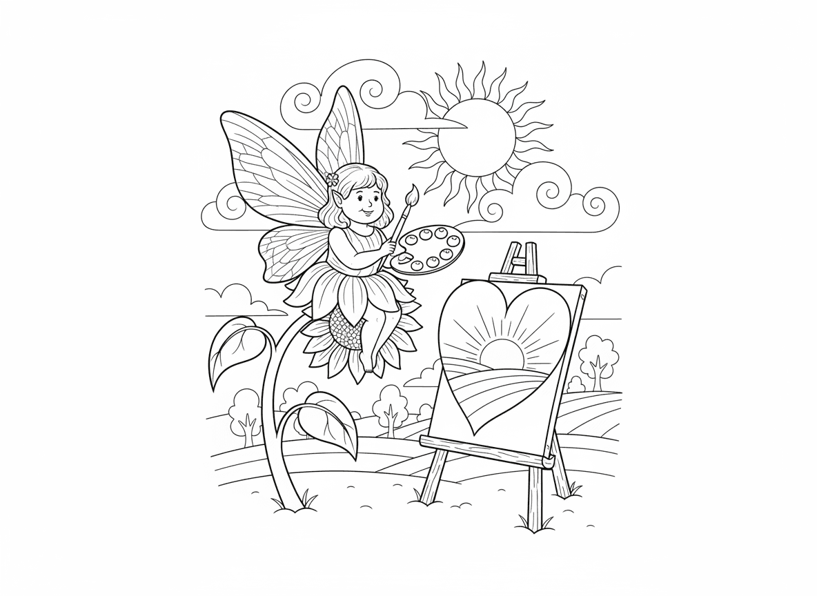 פייה אמנית מציירת שקיעה - פייה יושבת על גבעול פרח גבוה מציירת שקיעה על בד ציור עלה, כן ציור זעיר, פלטת צבעים מפירות יער, מכחולים מנוצות, שמיים יפים ברקע