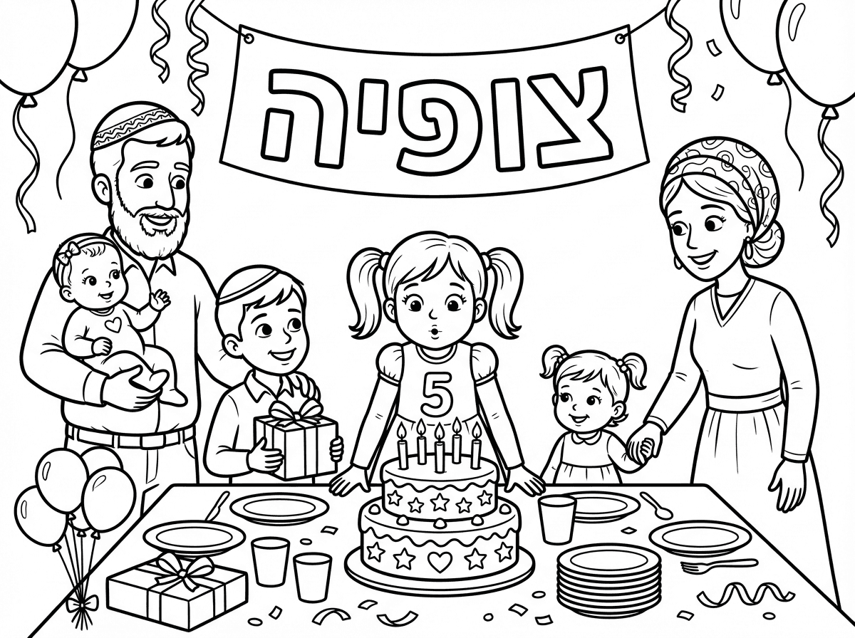 תיצור לי דף צביעה יומולדת לצופיה חוגגת 5 עם אבא אמא אח בן 6 אחות בת 2 ותינוקת בת 4 חודשים אח ואבא עם כיפות ואמא עם כיסוי ראש