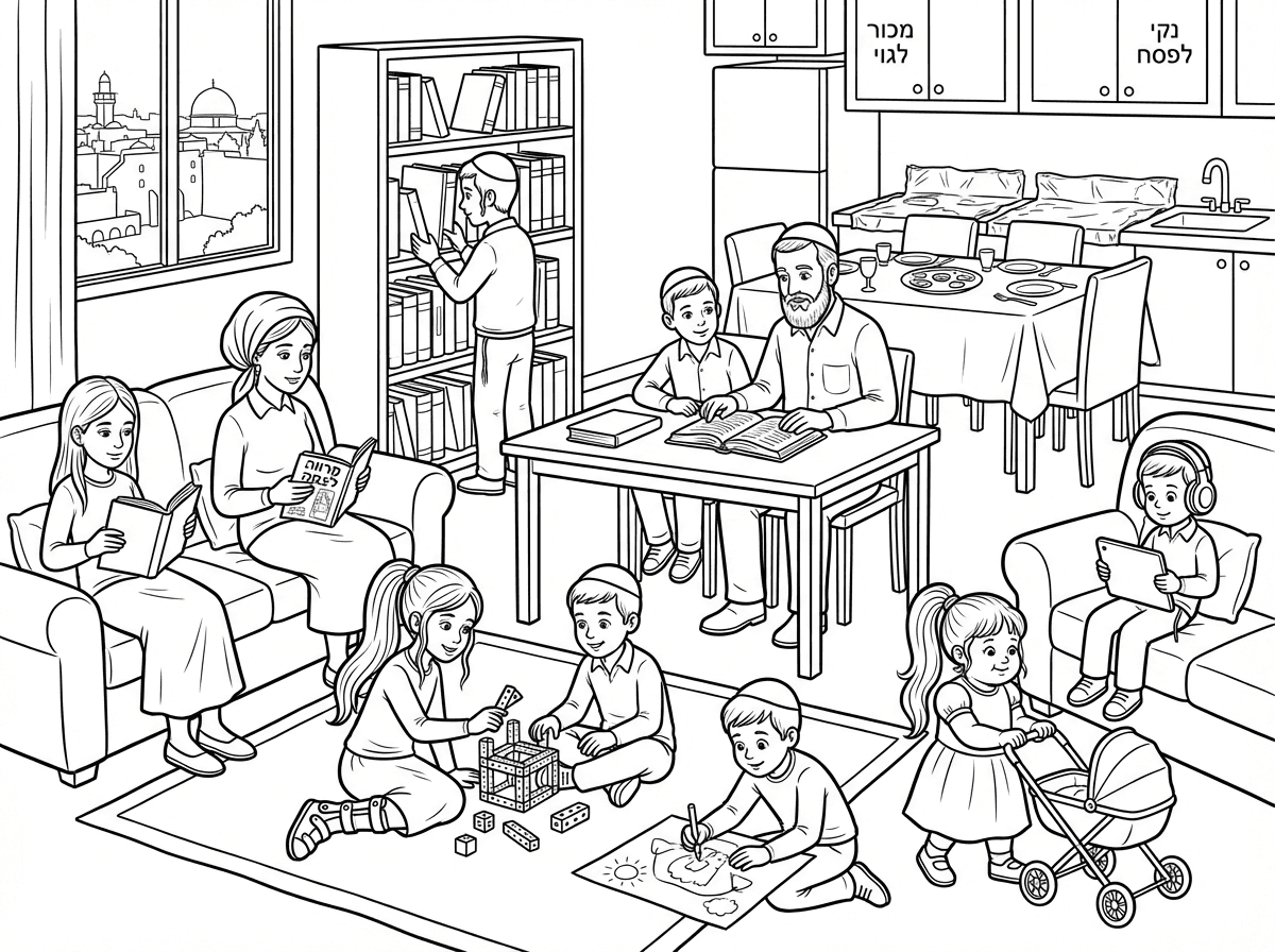 דף צביעה של
משפחת כהן
משפחה חרדית הכוללת הורים ו8 ילדים
האבא עם זקן לא כל כך ארוך יושב ולומד ליד השולחן 
ואמא עם מטפחת על הספה עם מגזין מרווה לצמה
בחורה בגיל 16 בספה קוראת ספר
בחור בגיל 14 כורך ספרים ליד הספריה 
בחור נוסף בגיל 12.5 יושב לומד ליד השולחן
ילדה נכה עם סדים בגיל 12 עם חצאית וקוקו ארוךמשחקת משחק הרכבה
ילד בגיל 10 משחק משחק הרכבה 
ילד בגיל8 משחק מצייר על הריפצה 
ילד אוטיסט עם אוזניות בגיל 6 על ספה נוספת
ילדה קטנה בגיל 4 שממנה, עם חצאית וקוקו ארוך משחקת בבובה ועגלה
ברקע נראה הבית מסודר כבר לליל הסדר כולל כריות בכסאות וקערת ליל הסדר, מטבח מסודר שיש עם ציפוי ניר כסף, על חלק מהארונות מטבח כתוב מכור לגוי, ועל חלקם כתוב נקי לפסח.
ברקע רואים את העיר העתיקה בירושלים.