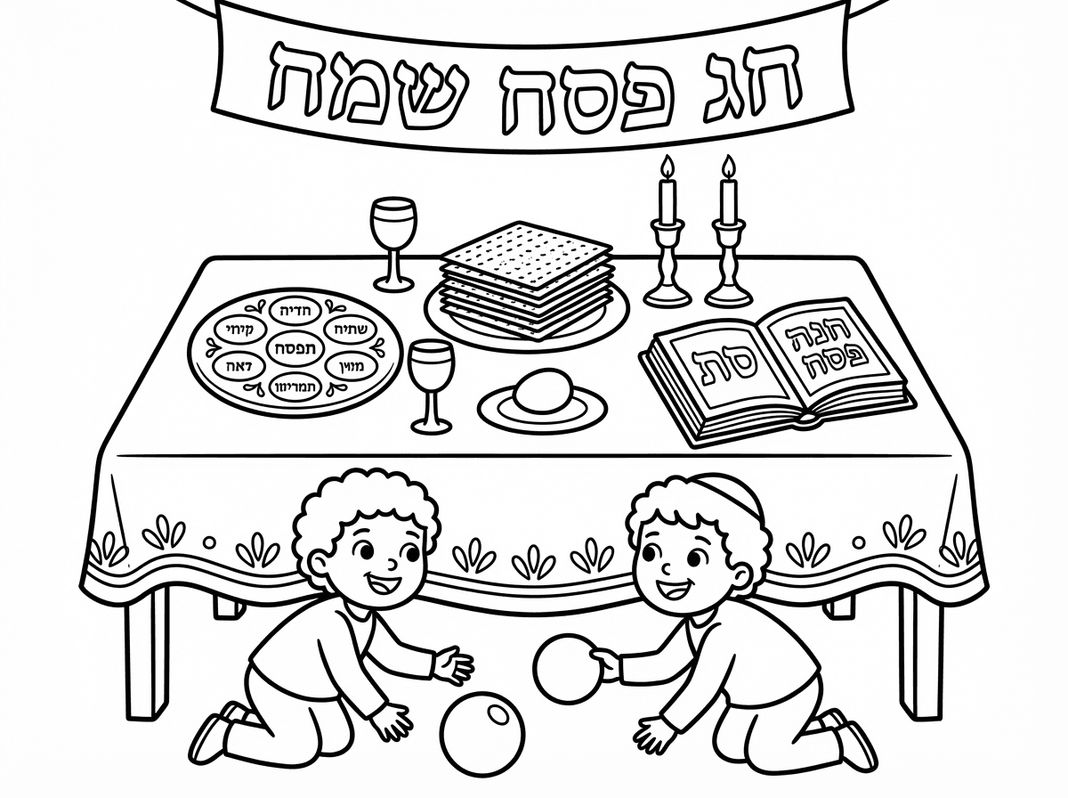 בעברית חג פסח שמח 
שולחן פסח עם פריטי החג 
וצורות אליפסה ביצה 
מלבן ההגדה 
עיגול כדורים אצל ילדים משחקים ליד השולחן 
מצה בצורת ריבוע