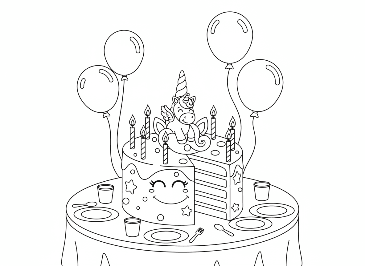 עוגת יום הולדת חד קרן - עוגת יום הולדת בצורת חד קרן עם חד קרן זעיר אמיתי למעלה, שכבות קשת נראות, קישוטי פונדנט, סוכריות, נרות דולקים, שולחן מסיבה, בלונים