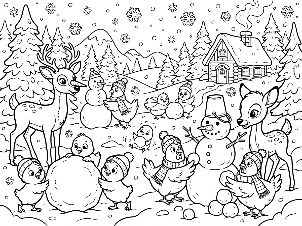 הרבה חיות טהורות בסגנון קריקטורה כולל הרבה אפרוחים ותרנגולים ובמבי ואיילות בסערת שלגים בונים בובות שלג עם הרבה פרטים משעשעים