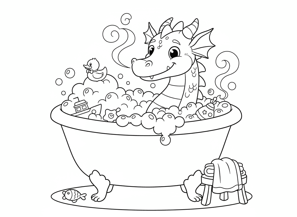 דרקון מתרחץ באמבטיה - דרקון מתרחץ באמבט בועות באמבטיה ענקית, ברווז גומי, בועות בכל מקום, קיטור מהמים החמים מתערבב עם קיטור נשיפת דרקון, צעצועי אמבט, מגבת מוכנה