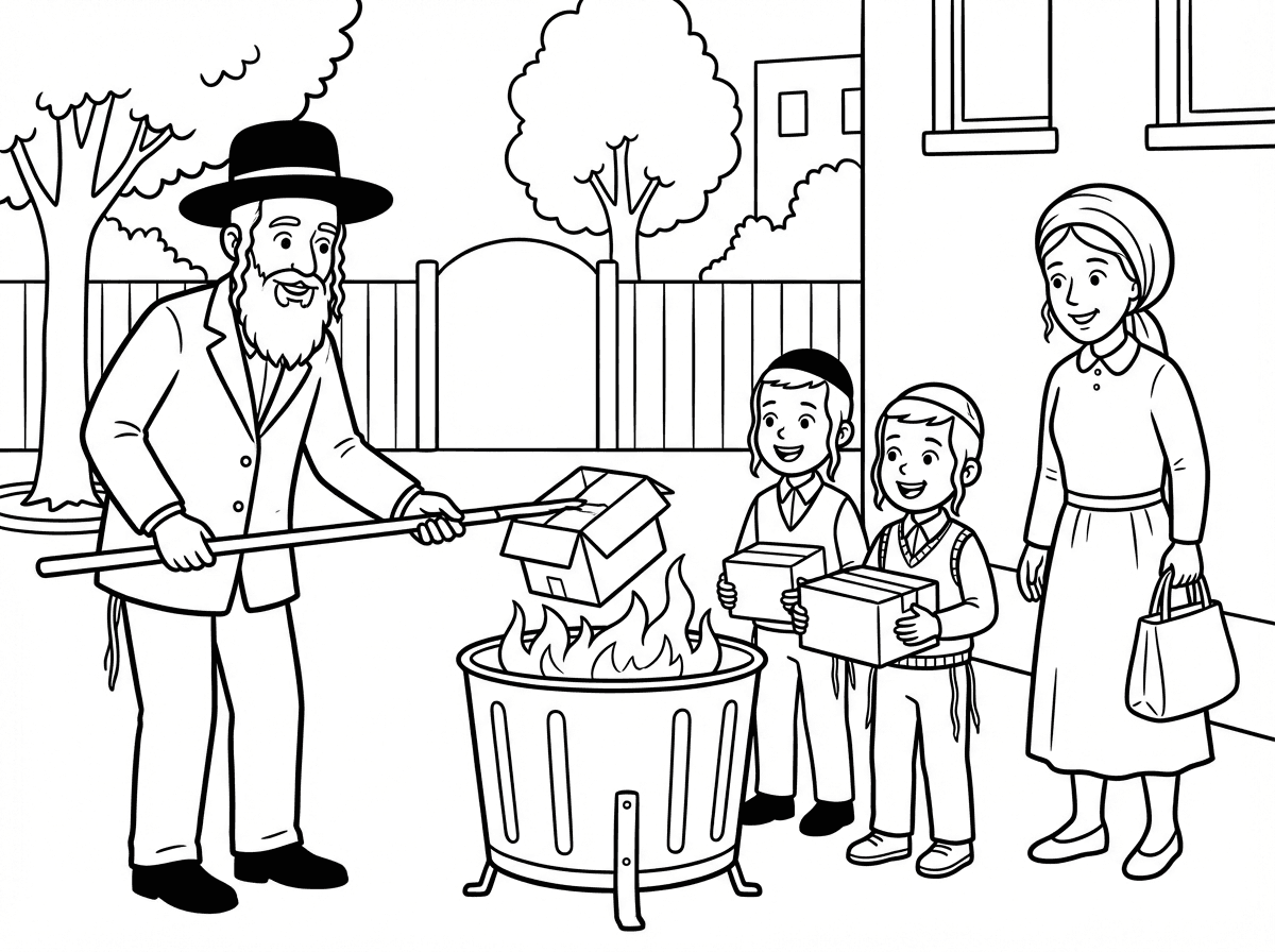 דף צביעה של אנשים וילדים חרדים שורפים את החמץ