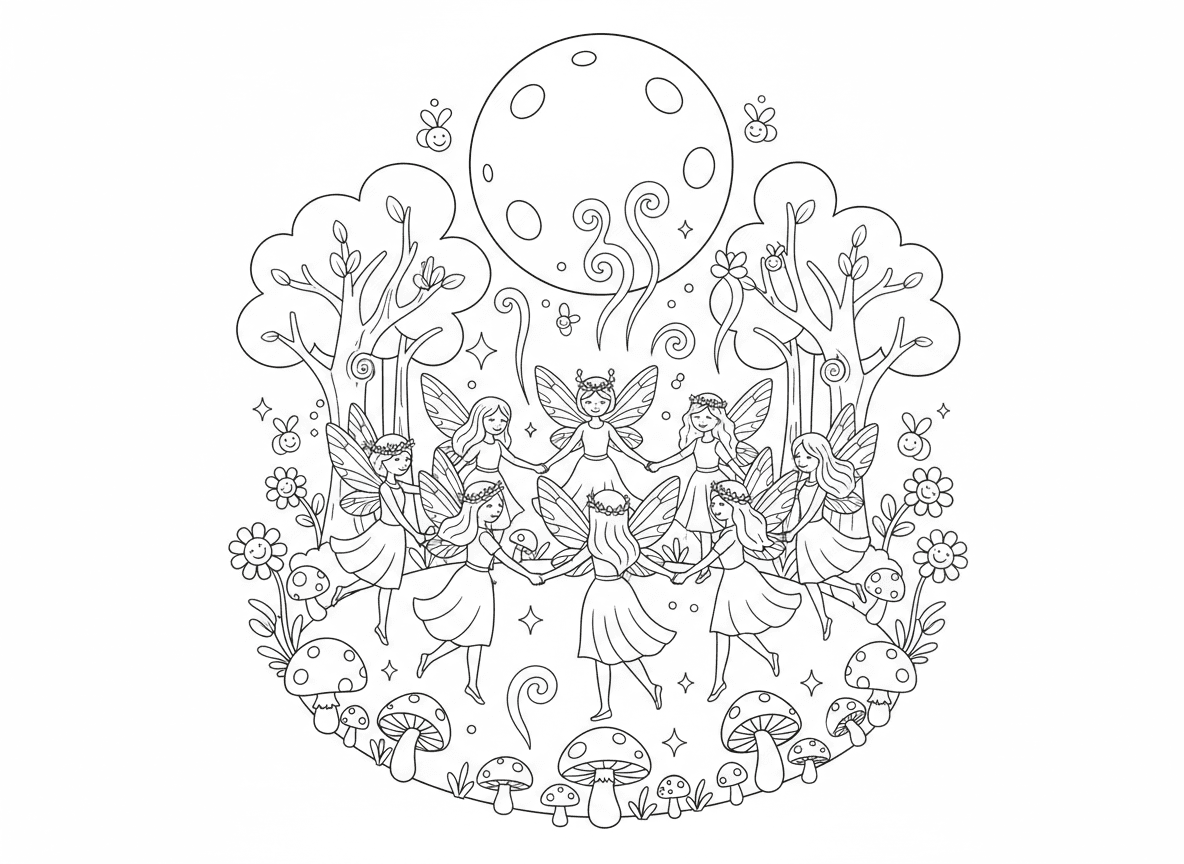 ריקוד פיות באור ירח - קבוצת פיות רוקדות במעגל באור ירח, מחזיקות ידיים, כנפיים זוהרות, טבעת פטריות, גחליליות מצטרפות לריקוד, ניצוצות קסם עולים מהאדמה, יער קסום