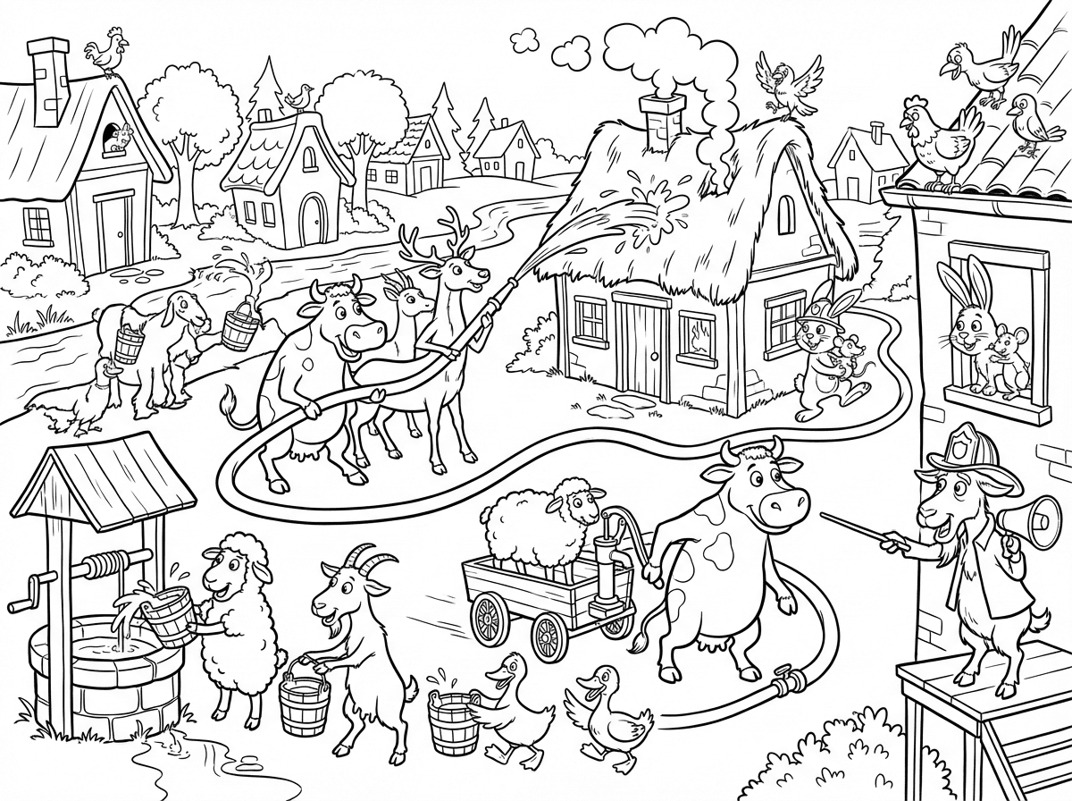 תכין לי בבקשה דף צביעה של הרבה חיות טהורות בסגנון קריקטורה ובסגנון משעשע מכבים שריפה בכפר ושיהיה בציור מגוון סיטואציות