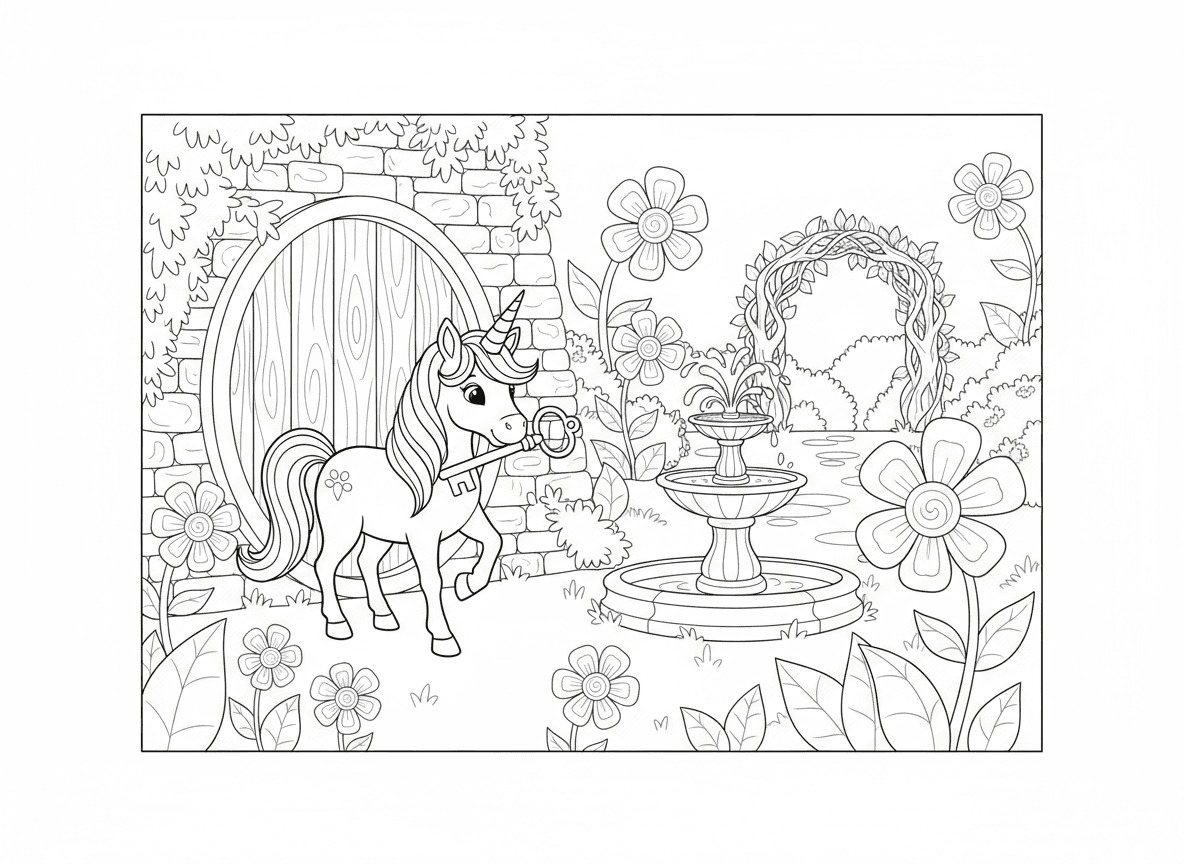 גן סודי של חד קרן - חד קרן מגלה גן סודי דרך דלת חבויה בקיר, פרחים קסומים שזוהרים, מזרקה עתיקה, שער מכוסה צמחייה, מפתח בפה, אווירה מיסטית