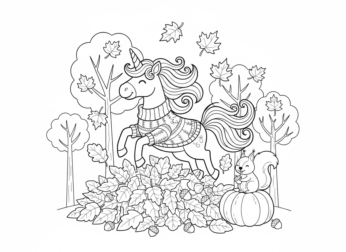 חד קרן משחק בעלי סתיו - חד קרן קופץ בערימת עלי סתיו צבעוניים, עלים אדומים כתומים וצהובים עפים, בלוטים מפוזרים, סנאי חבר, סוודר נעים, דלעת בקרבת מקום, עצי מייפל