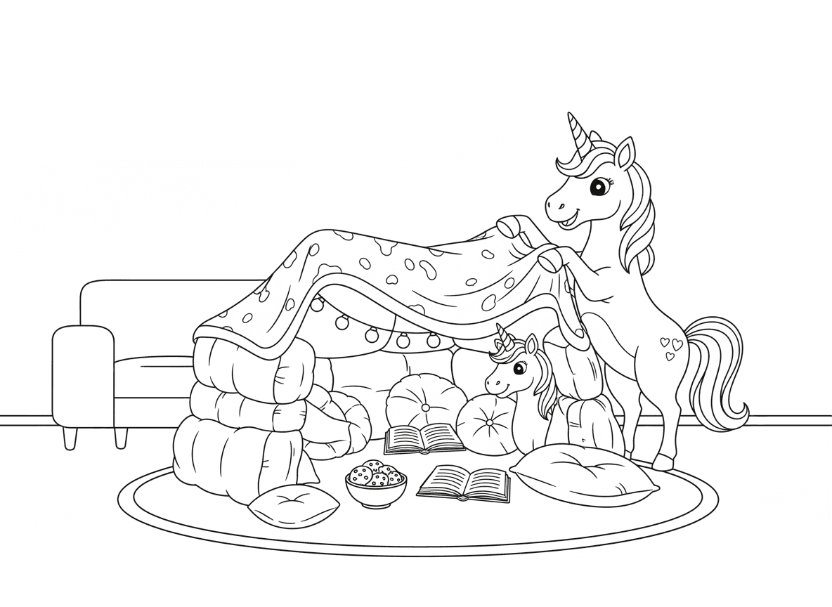 חד קרן בונה מבצר שמיכות - חד קרן בונה מבצר שמיכות בסלון, קירות כריות, אורות פיות בפנים, חטיפים וספרים בתוך המבצר, חד קרן חבר מציץ פנימה, כריות נעימות