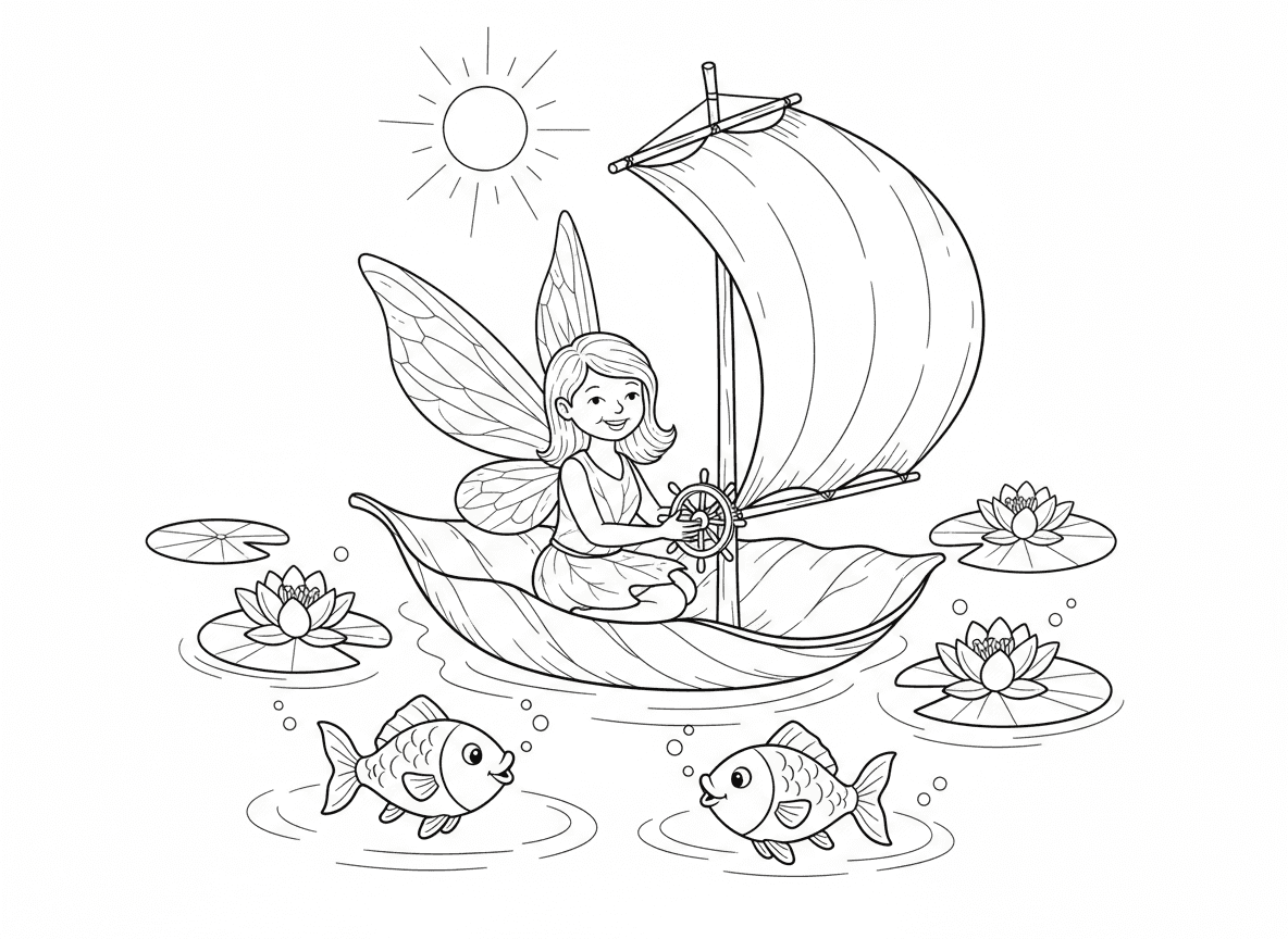 פייה בסירת עלה - פייה שטה על סירת עלה בנחל, תורן ענף עם מפרש עלי כותרת, הגה כובע בלוט, דגים שוחים לצידה, שושנות מים כאיים חולפים, זרם עדין, יום שמשי