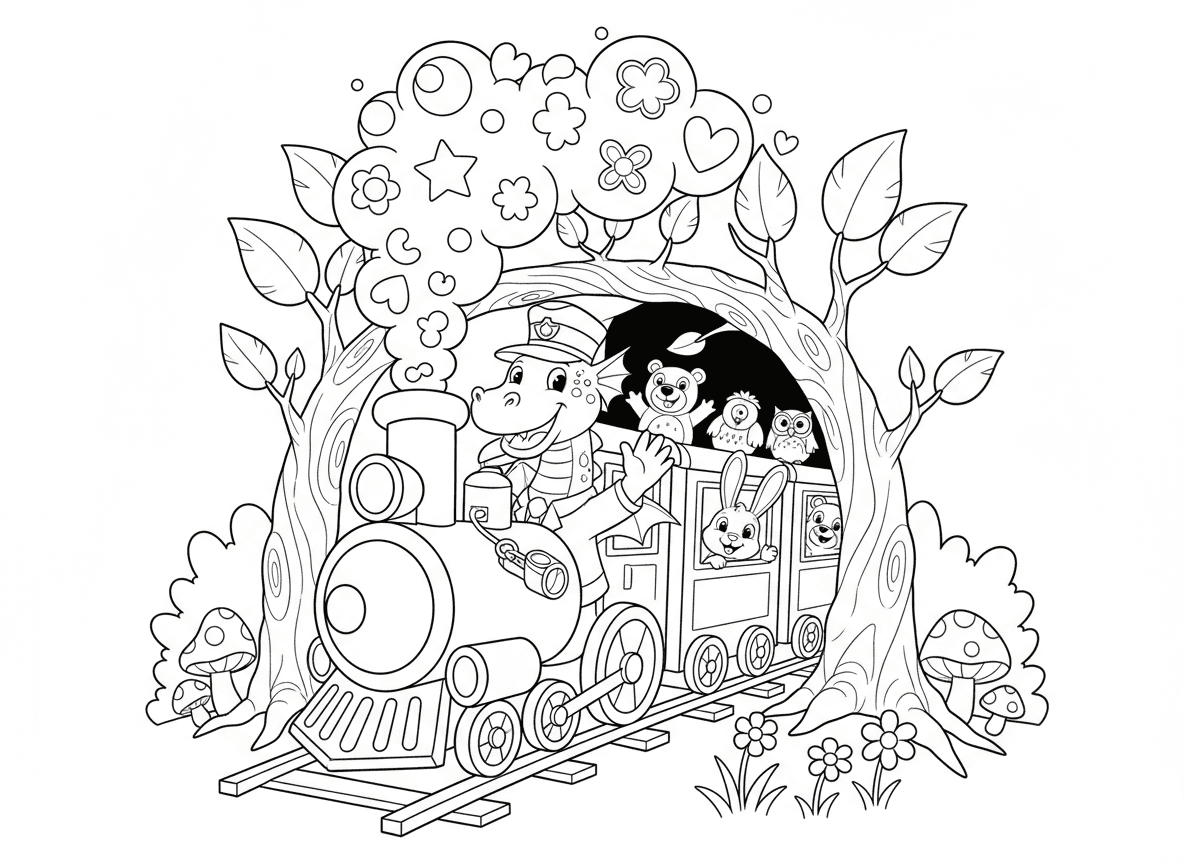 דרקון נהג רכבת - דרקון ככרטיסן רכבת על רכבת קיטור קסומה, כובע כרטיסן, משרוקית, הנוסעים הם חיות שונות, רכבת עוברת דרך מנהרת יער, פולטת עשן צבעוני