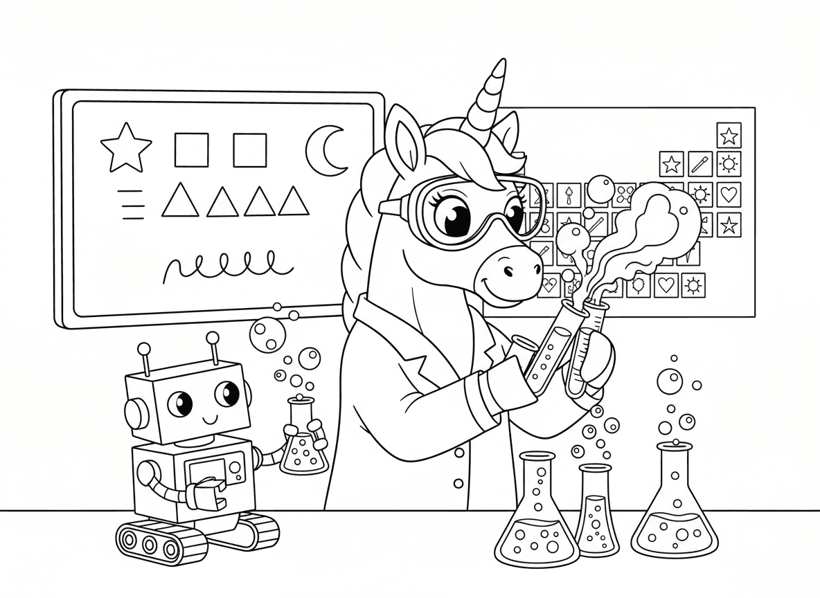 חד קרן מדען במעבדה - חד קרן מדען במעבדה, חלוק מעבדה ומשקפי בטיחות, מערבב שיקויי קשת, מבחנות מבעבעות, נוסחה על לוח לבן, רובוט עוזר, טבלה מחזורית עם אלמנטים קסומים