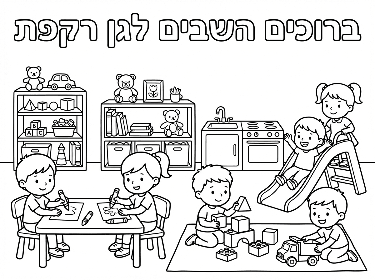 צור דף צביעה שמתאים לילדי הגן בגילאי 5-6. כתוב למעלה את הטקסט הבא באותיות שניתן לצבוע אותן: ברוכים השבים לגן רקפת. ומתחת תוסיף ילדים המשחקים ומציירים בגן.