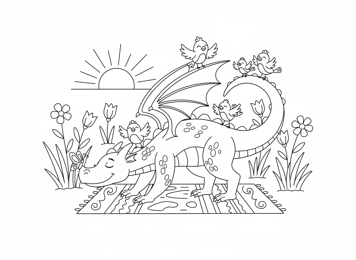 דרקון עושה יוגה בבוקר - דרקון עושה תנוחות יוגה בגינה שלווה בזריחה, מזרן יוגה, תנוחות קשות עם כנפיים וזנב, פרפר על האף, ציפורים מצטרפות, הבעה רגועה