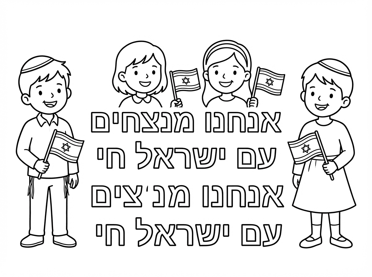 צור לי דף צביעה 
ילדים דתיים עם כיפה וילדות עם שמלות מחזיקים דגלי ישראל באמצע כיתוב-
 אנחנו מנצחים
עם ישראל חי