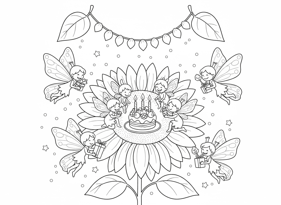 חגיגת יום הולדת של פייה - מסיבת יום הולדת של פייה על חמנייה ענקית, עוגת פירות יער זעירה עם נרות, אורחים מגיעים על פרפרים, מתנות עטופות בעלים, שלט מעלי כותרת, קונפטי אבקה