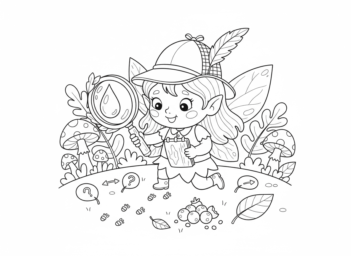 פייה בלשית עם זכוכית מגדלת - פייה בלשית חוקרת מי אכל את הפירות, זכוכית מגדלת מעדשת טיפת טל, כובע בלש, עוקבת אחרי עקבות זעירות, רמזים על עלים, פנקס מקליפת עץ