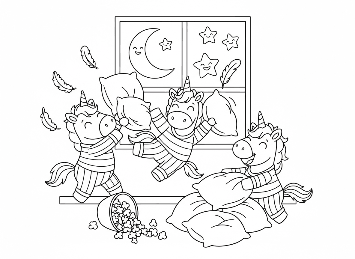 קרב כריות של חד קרנים - חד קרנים בקרב כריות אפי במסיבת פיג'מה, נוצות עפות בכל מקום, פיג'מות, ירח וכוכבים נראים דרך החלון, קערת פופקורן נפלה, פרצופים צוחקים