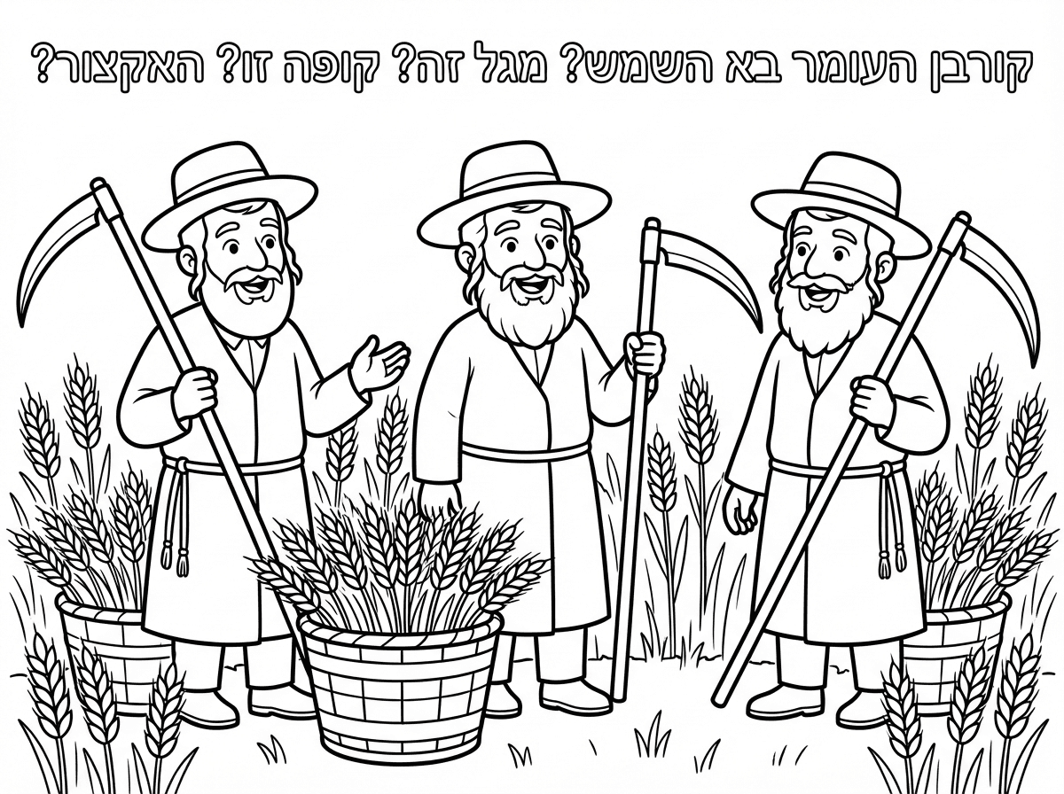 אני צריכה דף שיהיה כתוב בו קורבן העומר
בא השמש? מגל זה? קופה זו? האקצור? 
ןלמטה שיהיו שלושה בני אדם שנראים יהודים עם כובע וזקן ובגד ארוך ומגל ביד ,
ושיהיה שדה של חיטה ולכל אחד סלסלה עם חיטה