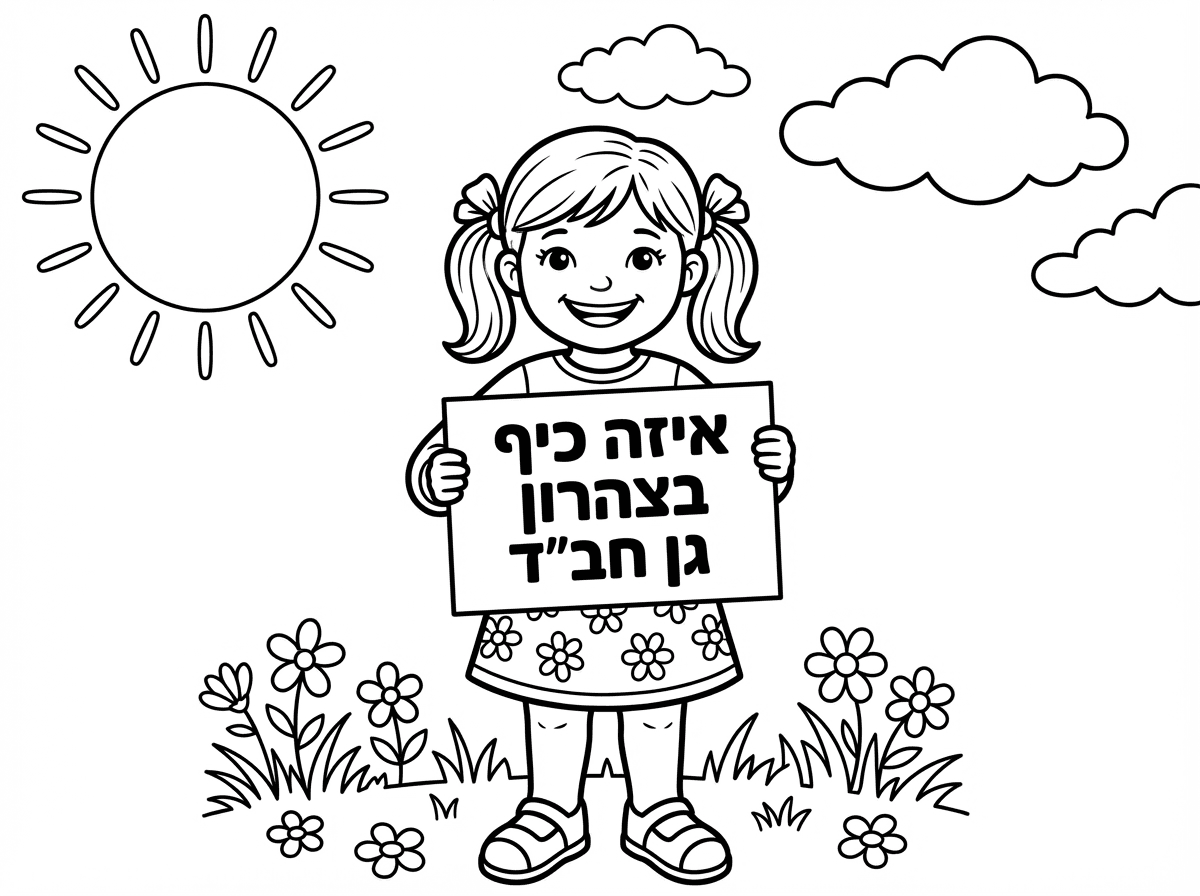 ילדה קטנה בגיל גן
עם קוקיות
שמלה פרחונית שמכסה את המרפקים והברכיים
גרביונים וסנדלים

מחזיקה שלט שכתוב:
איזה כיף 
בצהרון גן חב״ד

עומדת על דשא ופרחים
בשמיים שמש בלי פרצוף ועננים