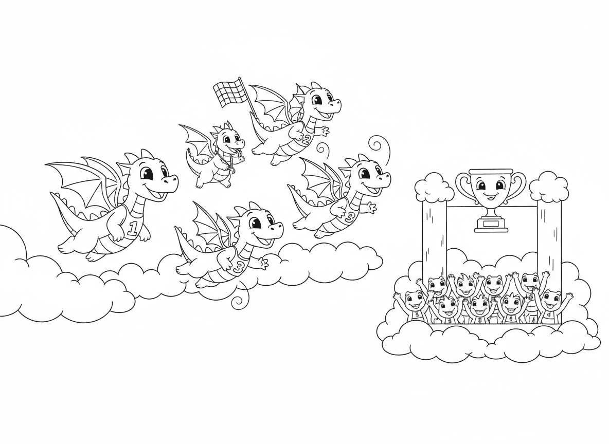 תחרות מרוצי דרקונים - דרקונים מתחרים בתחרות טיסה, מספרי מירוץ, קו התחלה בעננים, דרקון שופט עם דגל, דרקון אחד עושה פעלולים, גביע בקו הסיום, קהל מריע