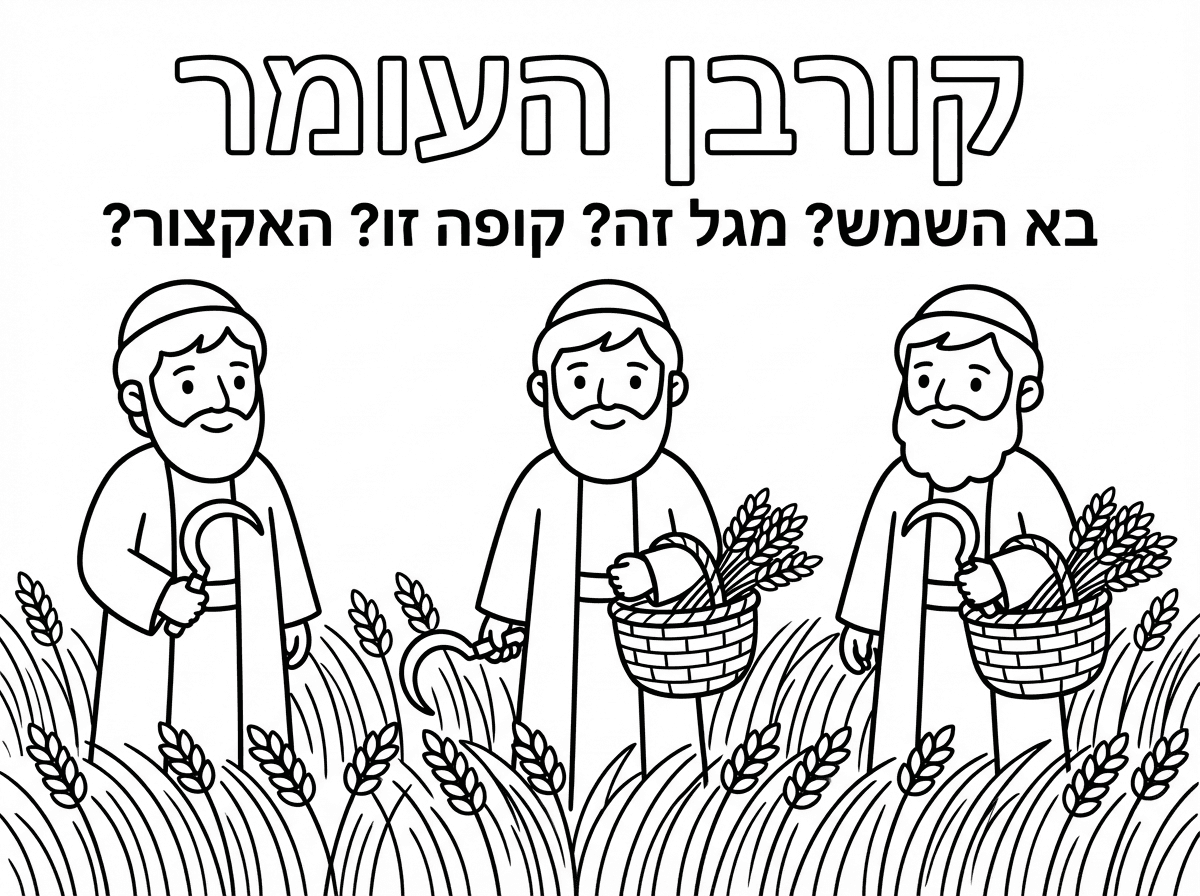 אני צריכה דף שיהיה כתוב בו כותרת:קורבן העומר
מתחת:בא השמש? מגל זה? קופה זו? האקצור? 
ולמטה שיהיו שלושה בני אדם שנראים יהודים עם מטפחת וזקן ובגד ארוך ומגל קצר ביד ,
ושיהיה שדה של חיטה ולכל אדם יהיה סלסלה אישית עם חיטה
