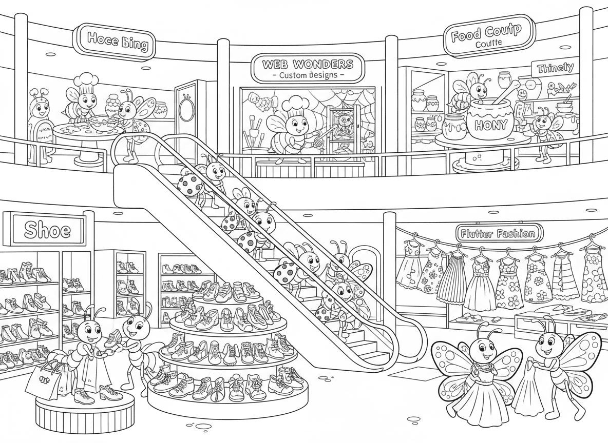 קניון של חרקים - נמלים קונות נעליים זעירות בחנות עם מאות זוגות, פרפרים מודדים שמלות צבעוניות, חיפושיות גולשות על דרגנועים, עכביש מנהל בוטיק עיצוב רשתות, ודבורים מפעילות פודקורט דבש