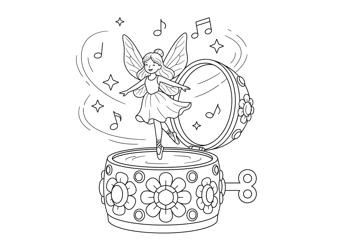 קופסת מוזיקה של פייה - פייה רוקדת על קופסת מוזיקה פתוחה, מסתובבת כמו בלרינה, תווי מוזיקה מרחפים, קופסה מעוטרת פרחים ואבני חן, מפתח בצד, זוהר קסום, במה זעירה