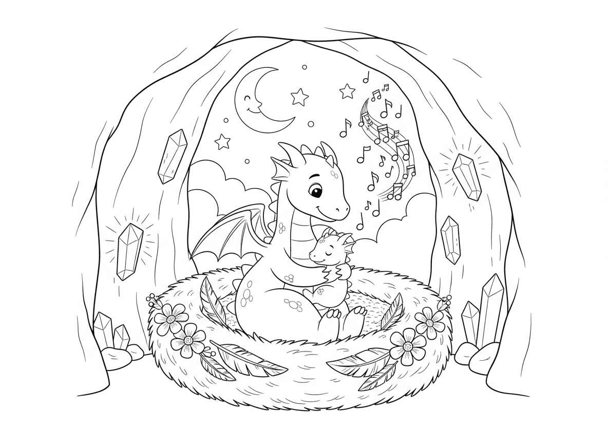 דרקון שר שיר ערש לתינוק - אמא דרקון שרה שיר ערש לדרקון תינוק בקן מערה נעים, תווי מוזיקה מרחפים, קריסטלים זוהרים על דפנות המערה, קן רך של נוצות ופרחים, ירח דרך פתח המערה
