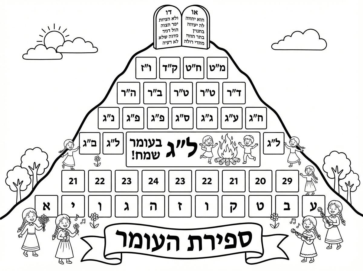 בבקשה לעות לוח ספירת העומר שלג בעומר מודגש בו. בצורת הר שבסופו לוחות הברית מרובעות. דף שבנות  חבדיות בכיתה א יהנו לצבוע