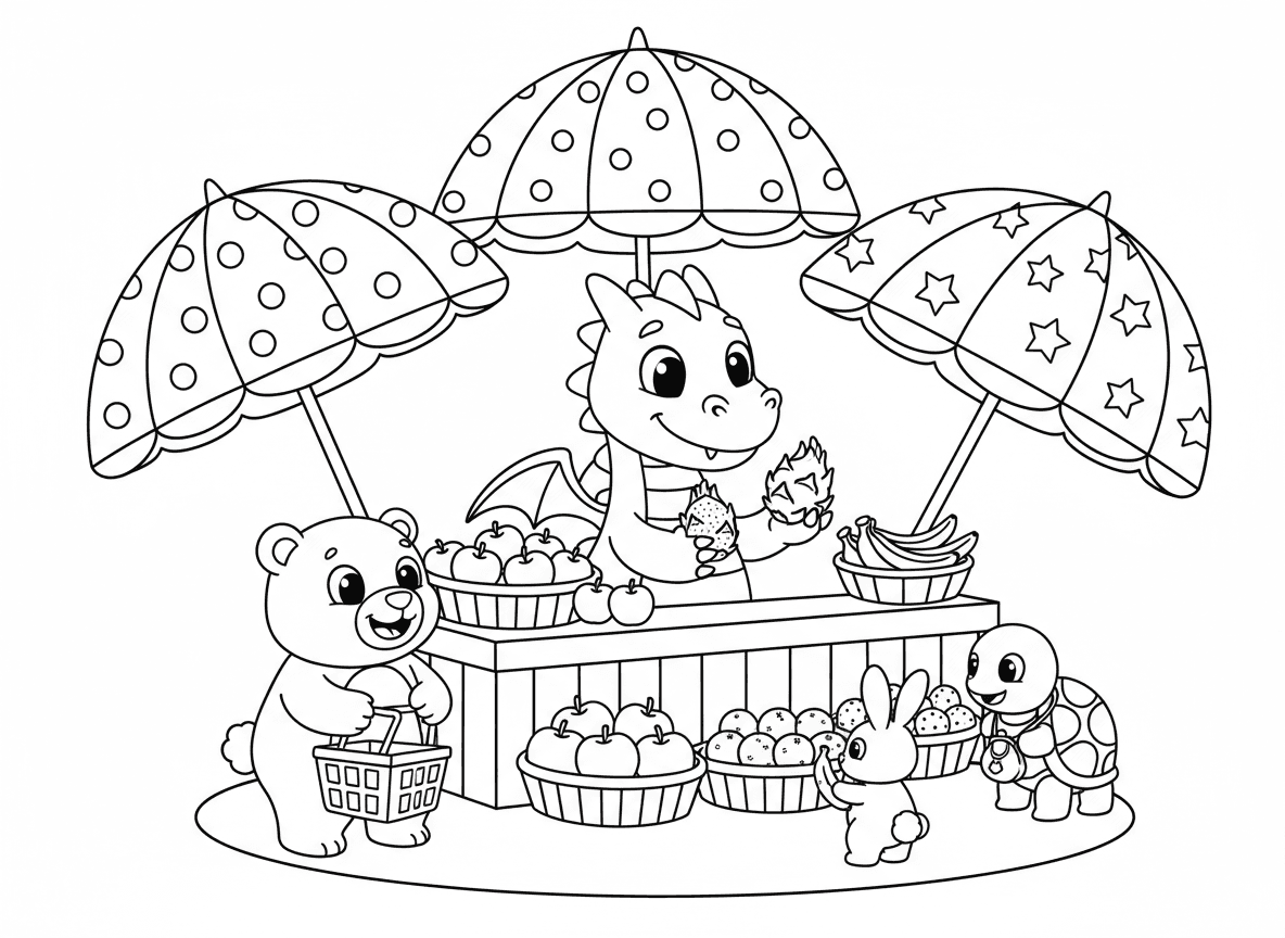 דרקון מוכר פירות בשוק - דרקון מוכר פירות בדוכן שוק, מטפל בזהירות בפירות זעירים עם טפרים גדולים, תפוחים תפוזים בננות מוצגים, חיות אחרות קונות, מטריות שוק צבעוניות