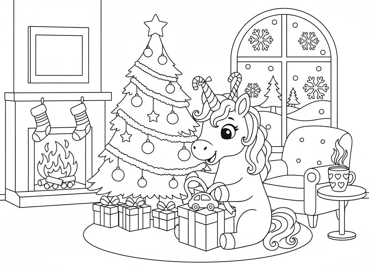 חד קרן בבוקר חג המולד - חד קרן בבוקר חג המולד ליד עץ מעוטר, פותח מתנות עם פרסות, גרביים על האח, סוכריות על הקרן, שלג מחוץ לחלון, חם ונעים