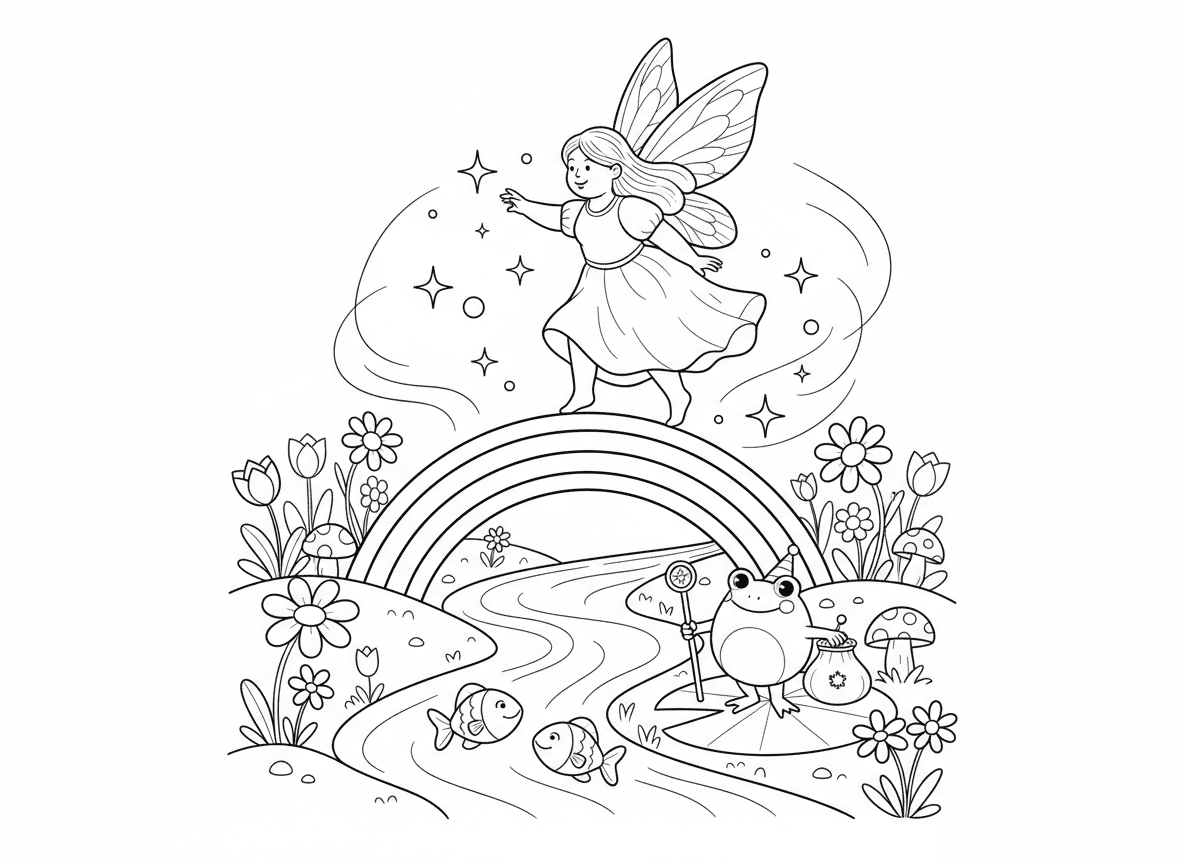 פייה וגשר קשת - פייה הולכת על גשר קשת זעיר מעל נחל, כל צעד משאיר ניצוצות, צפרדע שומר שער, דגים קופצים למטה, פרחי בר על שתי הגדות, אווירה חלומית