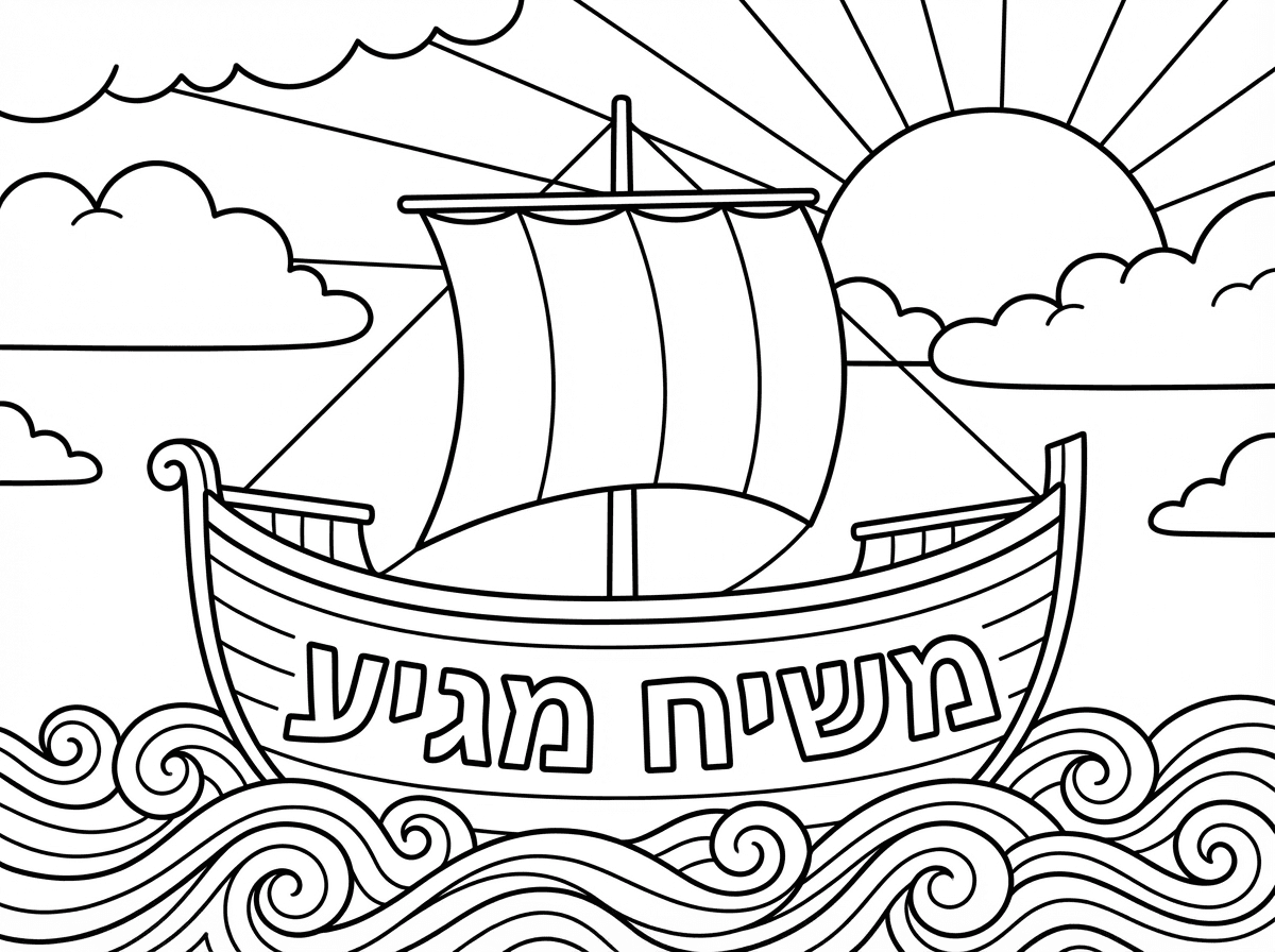 אוניה שכתוב עליה על דופן הספינה משיח מגיע
בלי פרצוף
וגלים, וחצי שמש, ועננים