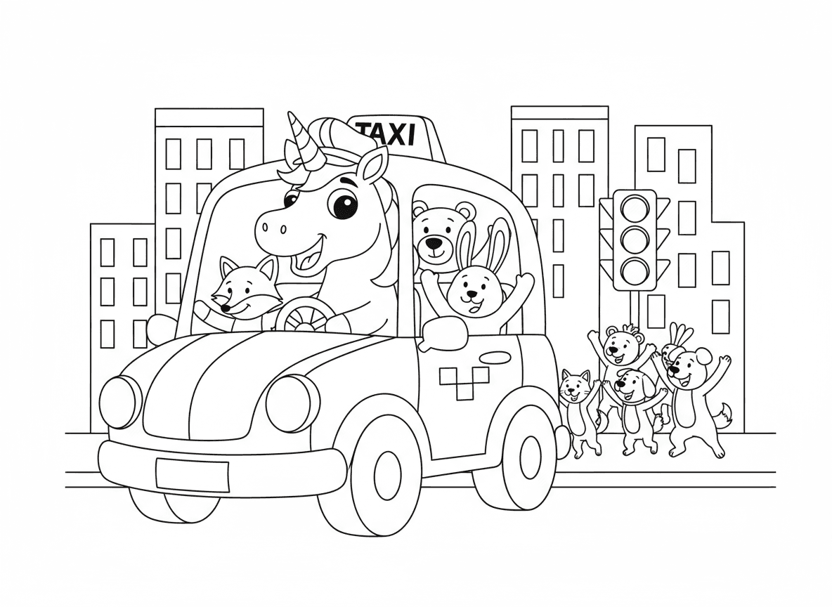 חד קרן נהג מונית בעיר - חד קרן כנהג מונית עם מכונית צהובה, חיות נוסעות מנופפות לעצור, בניינים עירוניים, רמזור, חיוך נהג ידידותי, שלט מונית על הקרן