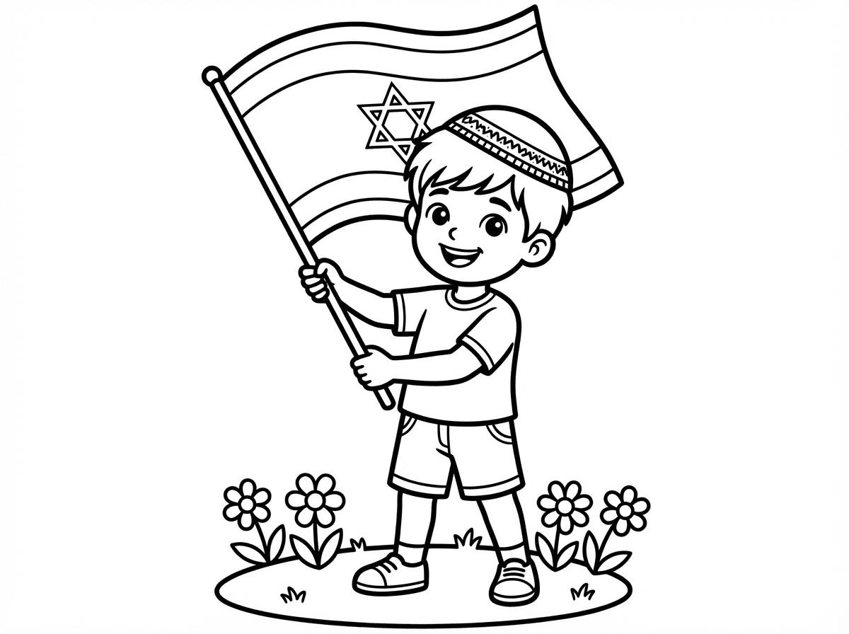 אנא הכן דף צביעה בו יש ילד עם כיפה המנופף בדגל ישראל גדול. הילד יעמוד על האדמה ובה שלושה פרחים . הדף יהיה לאורך