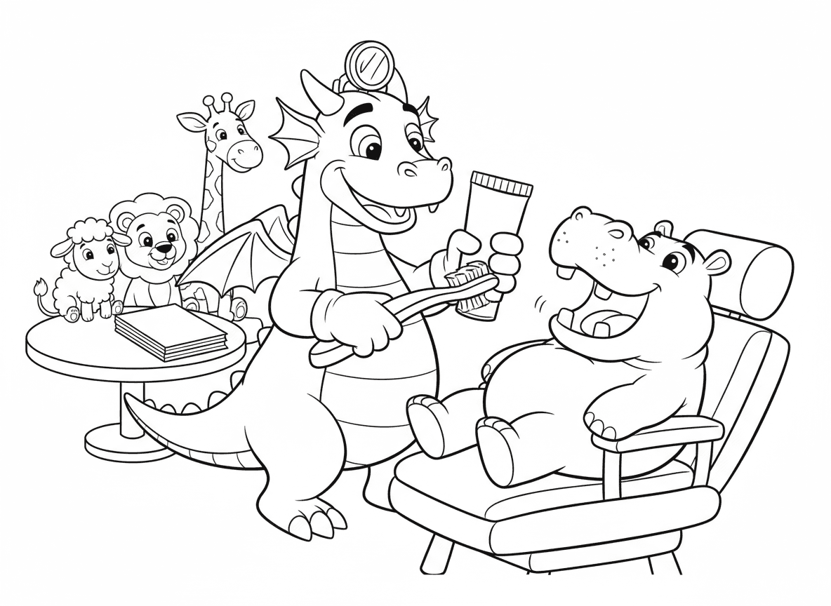 דרקון רופא שיניים - דרקון רופא שיניים בודק שיניים של היפופוטם, לובש מראת רופא שיניים וכפפות, מברשת שיניים ענקית, משחת שיניים, חיות אחרות בחדר המתנה, כיסא רופא שיניים