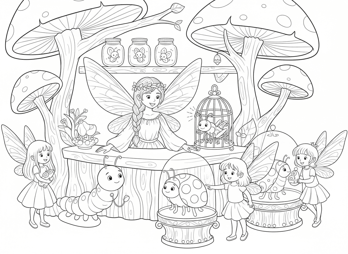 חנות חיות מחמד של פייה - פייה מנהלת חנות חיות מחמד ליצורים קסומים זעירים, גחליליות תינוקות בצנצנות, צרצר בכלוב מצייץ, זחל על רצועה, חיפושית בתצוגה, פיות לקוחות בוחרות חיות