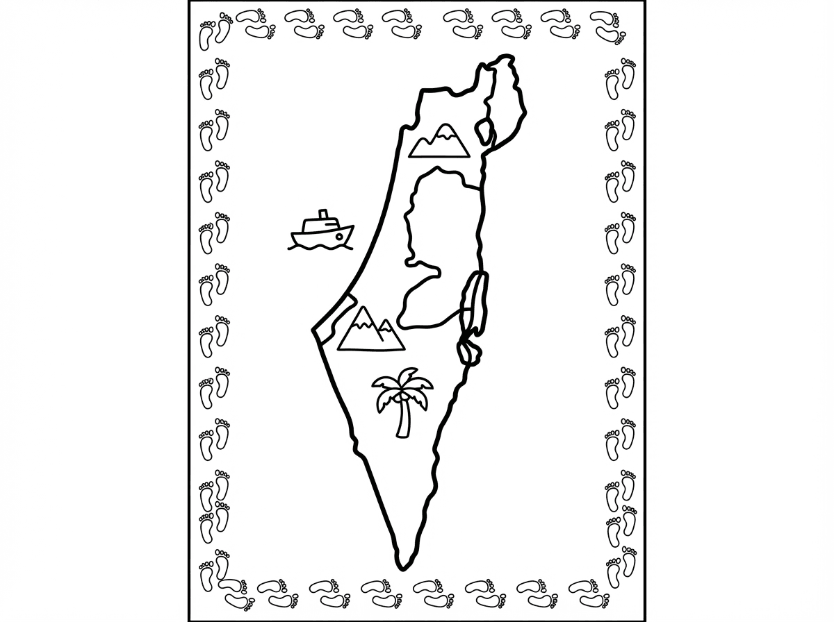 אני צריכה דף צביעה לאורך לילדים בגיל 3 שבאמצע הדף יש מפה של ארץ ישראל לצביעה ובמסגרת הדף יש עקבות קטנות של רגליים.