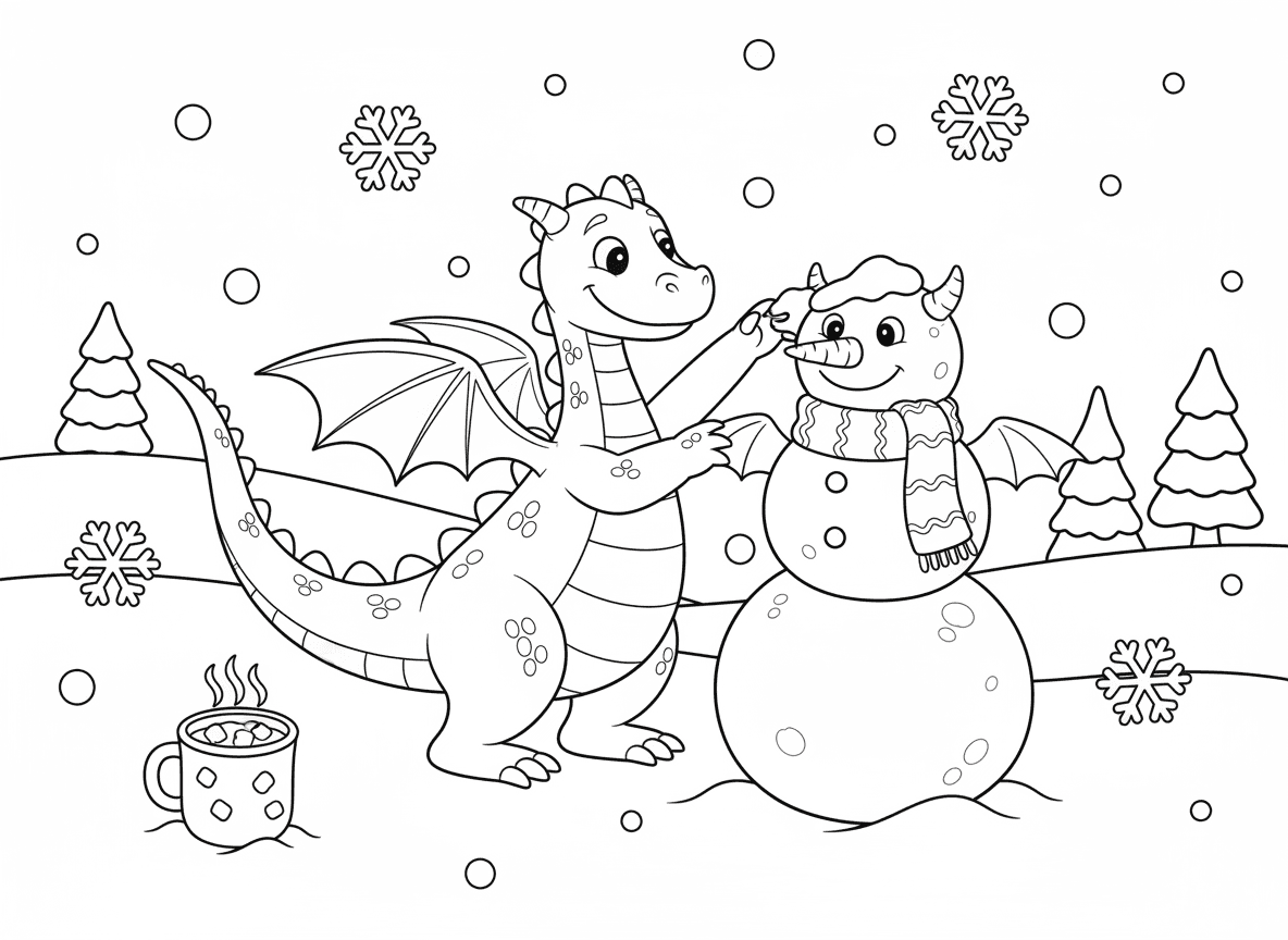 דרקון בונה בובת שלג - דרקון בונה בובת שלג שנראית כמו דרקון, אף גזר, עיני פחם, צעיף, דרקון משתמש בזנב לטפוח שלג, נוף מושלג, פתיתי שלג יורדים, שוקו חם בקרבת מקום