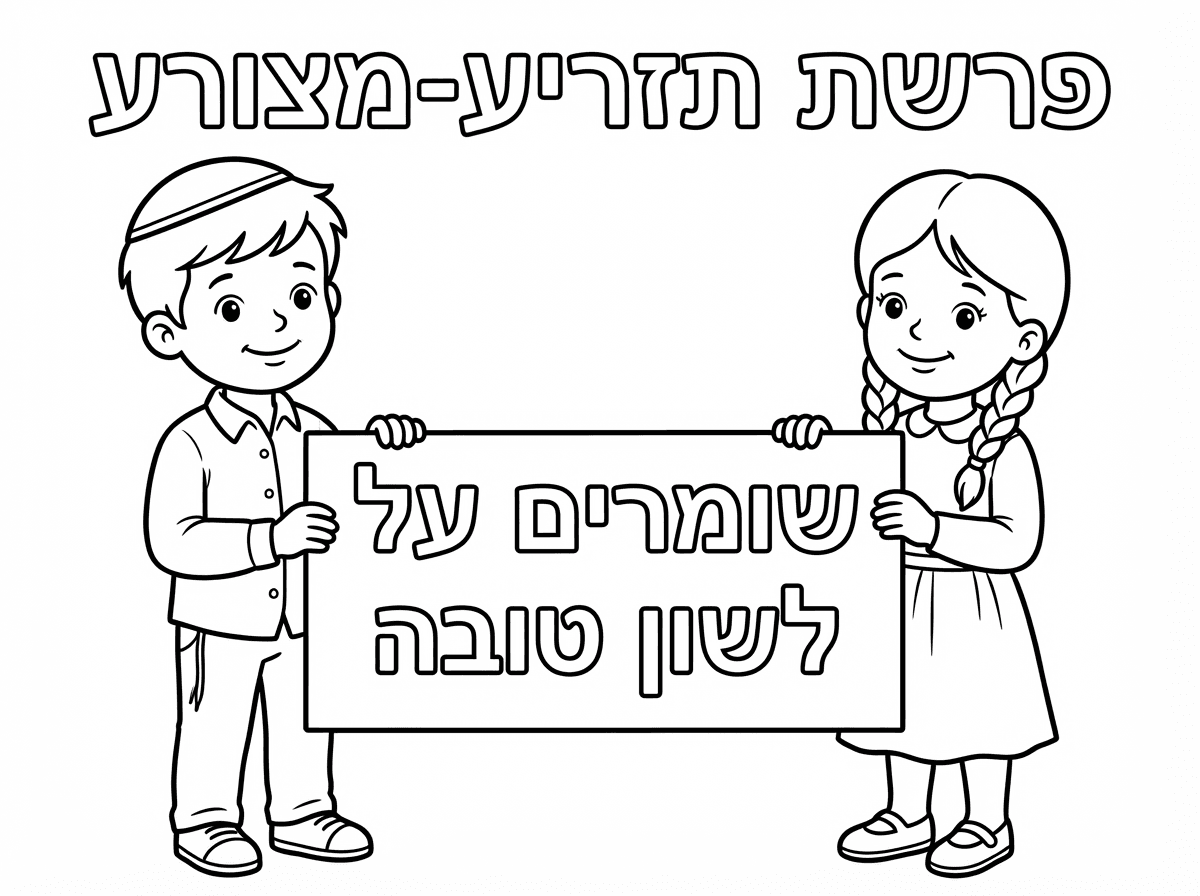 תעשה דף עם שלט 

ילד עפ כיפה וילדה עם שמלה מחזיקים שלט: "שומרים על לשון טובה" 

ולמעלה כתוב פרשת תזריע-מצורע