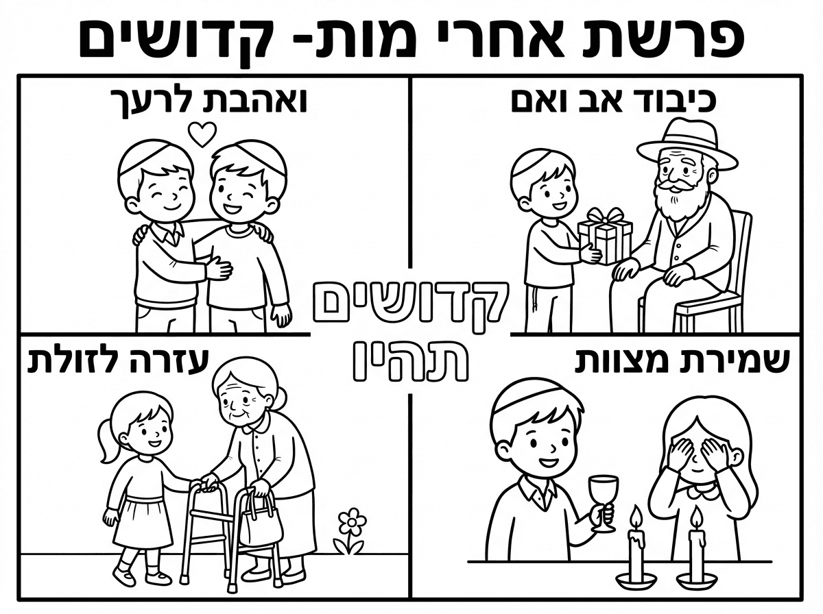 דף צביעה מחולק ל-4 ריבועים:
אהבת חברים
כיבוד הורים
עזרה לאחר
שמירת מצוות
(תמונות של הדברים האלה, על ילדים עם כיפות ולבושים צנועים)
ובאמצע לכתוב: "קדושים תהיו"

למעלה לכתוב פרשת אחרי מות- קדושים