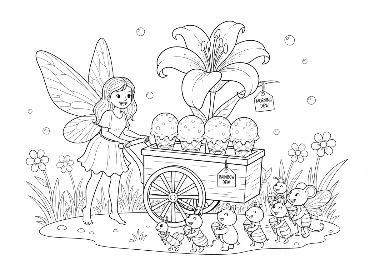 גלידת טיפות טל של פייה - פייה מוכרת גלידת טיפות טל מעגלת פרחים, כדורי גלידת טל נוצצת בגביעי עלי כותרת, טעמים שונים כמו טל בוקר וטל קשת, תור של לקוחות זעירים