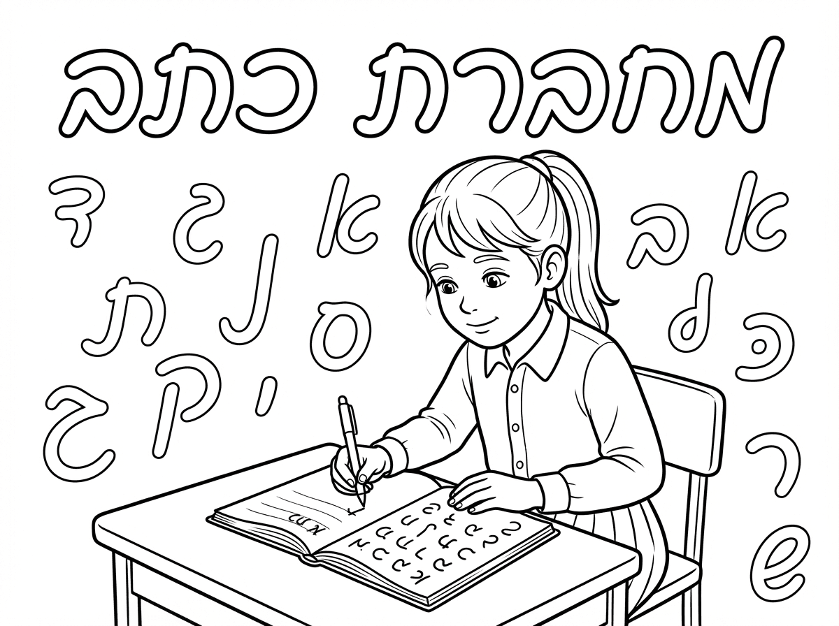 אשמח לציור כיתוב למעלה מחברת כתב באותיות כתב ולא דפוס
ובציור ילדה לבושה חצאים כפלים וחולצה מכופתרת כותבת אותיות בכתב כן כתב יד במחברת 
מסביב ברקע אותיות כתב לא צפוף מידי אותיות בכתב ולא בדפוס כמו כתב יד חלול שניתן לצבוע
