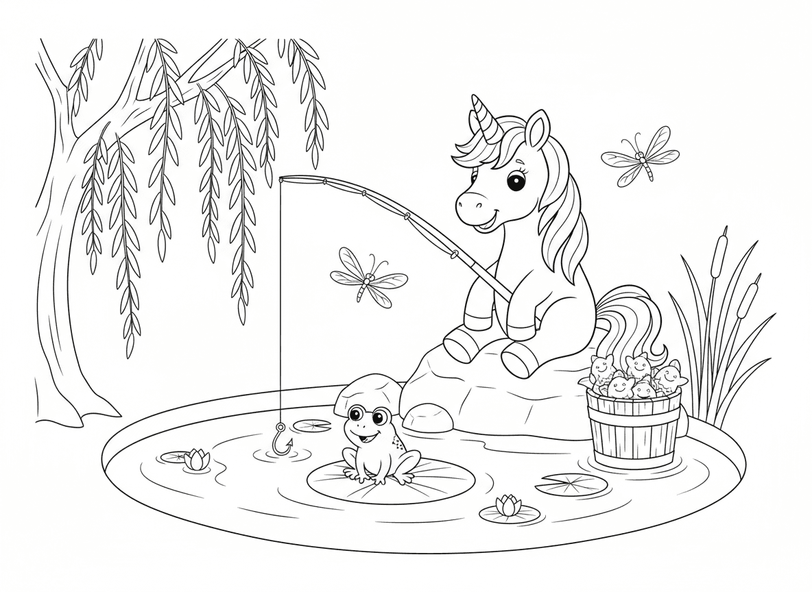 חד קרן דג על שפת בריכה - חד קרן יושב על שפת בריכה שלווה ודג, קרן משמשת כחכת דיג, שושנות מים, צפרדע חבר, שפיריות, ערבה, דלי דגים בצורת כוכב, קנים