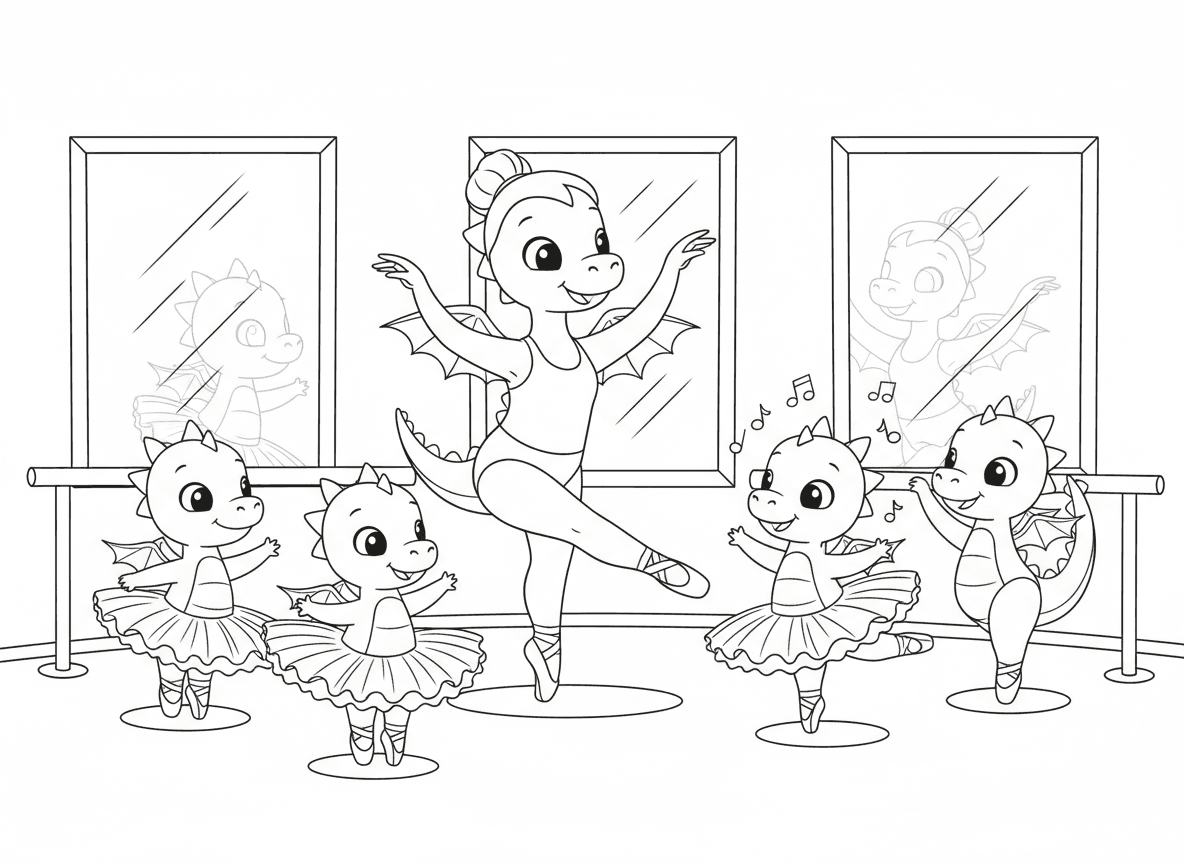 שיעור ריקוד של דרקונים - דרקונים תינוקות בשיעור ריקוד, דרקון מורה מציג תנועות בלט, דרקון אחד מסתבך בטוטו, מראות על הקיר, מוט ריקוד, תווי מוזיקה, דרקון אחד עושה פירואט מושלם