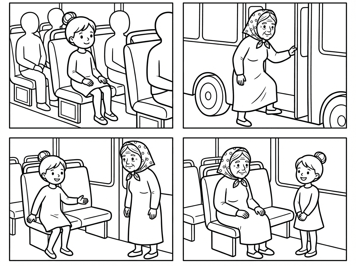 עכשיו תכין לי סיפור של ילדה שמכבדת את סבתא- 4 תמונות- תמונה ראשונה- ילדה לבושה בגרביון ושמלה עם שרוולים ארוכים ושיער אסוף יושבת על כסא באוטובוס עמוס, תמונה שניה- אשה קשישה לבושה בשמלה וחבושה במטפחת שמכסה את כל השיער שלה עולה לאותו האוטובוס, תמונה שלישית- הילדה קמה ממקומה ומחווה לקשישה שתשב, תמונה רביעית- הקשישה יושבת במקום בו ישבה לפני כן הילדה והילדה עומדת ומחייכת בשמחה