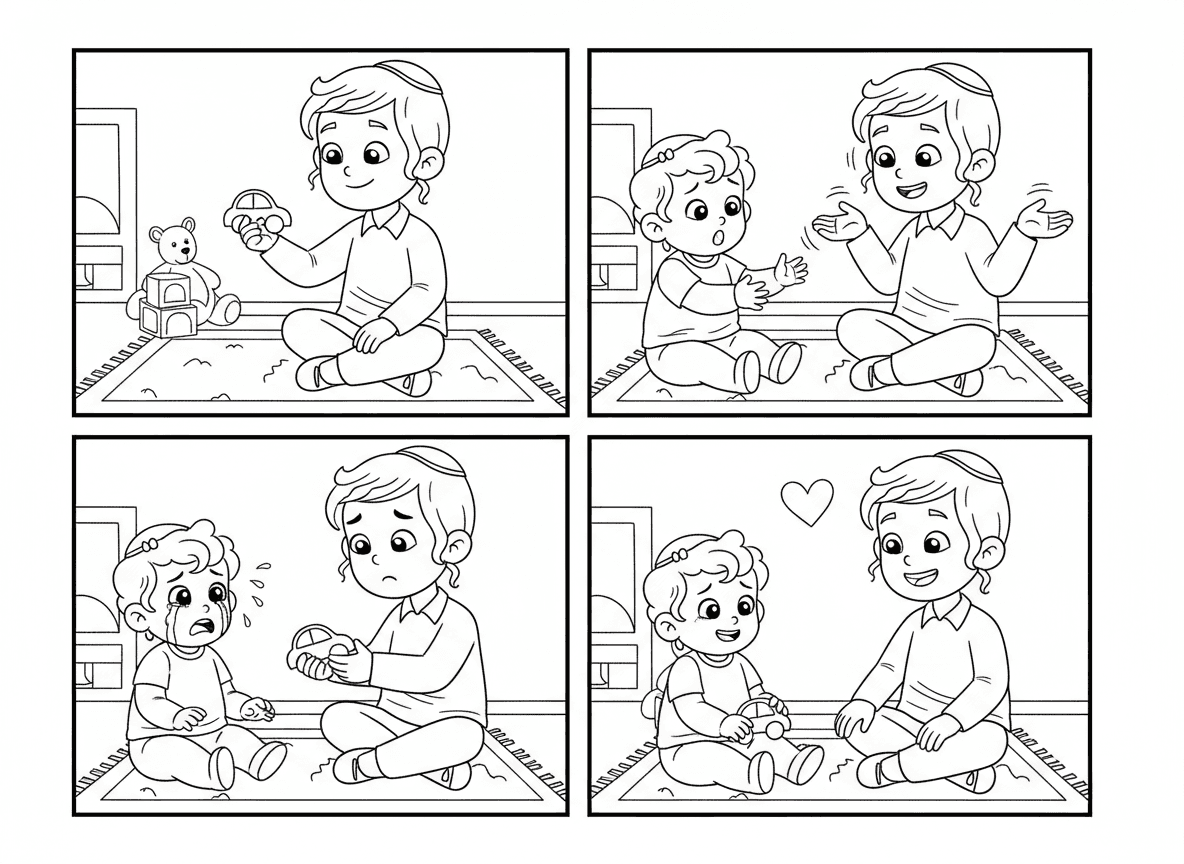 עכשיו תכיני לי עוד סיפור בן ארבעה תמונות- הפעם על ילד שמוותר לאחיו הפעוט על מכונית צעצוע, תמונה ראשונה- ילד כבן 5 עם פיאות כיפה וציצית, יושב על הרצפה בחדר הילדים ומשחק במכונית צעצוע כשאחיו הפעוט- עם שיער ומעל כיפה עם סיכות מתבונן עליו, תמונה שנייה- הפעוט מבקש מבן ה-5 את המכונית ובן ה-5 מושך בכתפיו ומחווה בראשו לאות לאו, תמונה שלישית- הפעוט פורץ בבכי ואחיו בן ה5 מתבונן עליו ברחמים ומושיט לו את המכונית, תמונה רביעית הפעוט משחק במכונית בשמחה ובן ה-5 מתבונן עליו באושר.