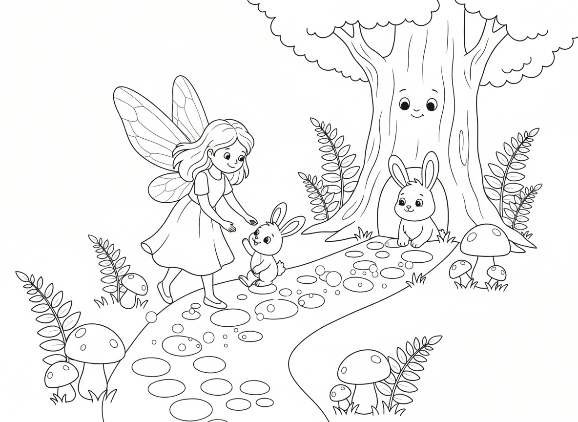 פייה עוזרת לארנבון אבוד - פייה טובת לב מלווה ארנבון תינוק אבוד הביתה דרך היער, מחזיקה בכף הרגל שלו, שביל מואר באבקת פיות, אמא ארנבת ממתינה בכניסה למחילה, שרכים ופטריות לאורך השביל